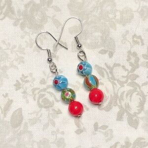 Handmade Earrings - Blue, Green, & Red Glass Bead Earrings 💙💚❤️